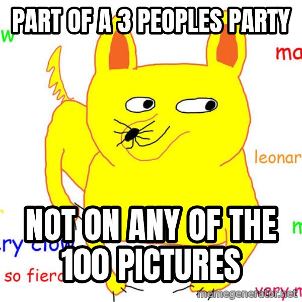 Forever Alone meme: part of a 3 peoples party / not on any of the 100 pictures