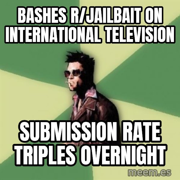 Disruptive Durden meme: Bashes r/jailbait on international television / Submission rate triples overnight