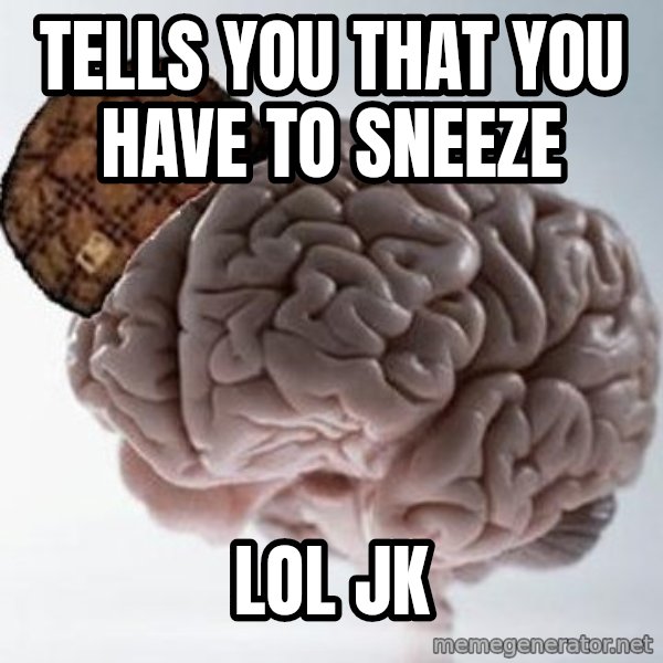 Scumbag Brain meme: tells you that you have to  sneeze / lol jk
