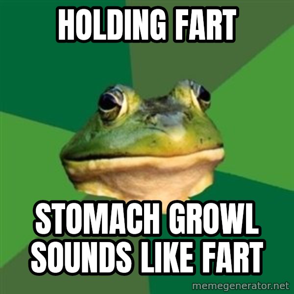 Foul Bachelor Frog meme: holding fart / stomach growl sounds like fart
