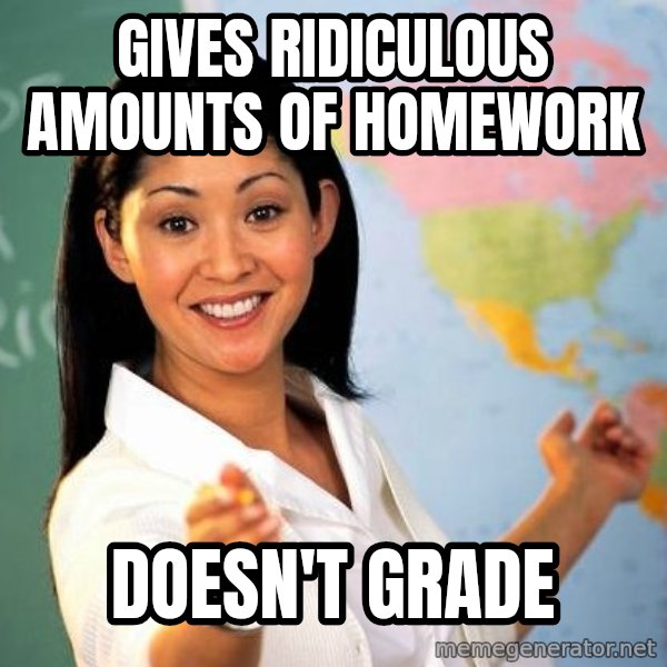 Unhelpful High School Teacher meme: gives ridiculous amounts of homework / doesn't grade