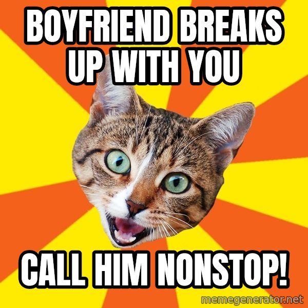 Bad Advice Cat meme: boyfriend breaks up with you / call him nonstop!