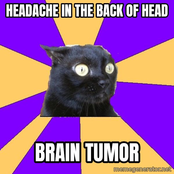 Anxiety Cat meme: headache in the back of head / BRAIN TUMOR