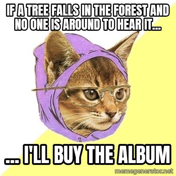 Hipster Kitty meme: if a tree falls in the forest and no one is around to hear it... / ... I'll buy the album