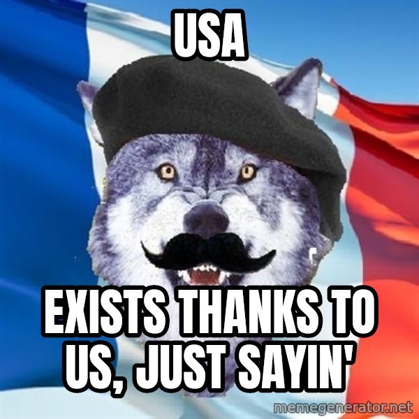 Monsieur Le Courage Wolf meme: USA / exists thanks to us, just sayin'