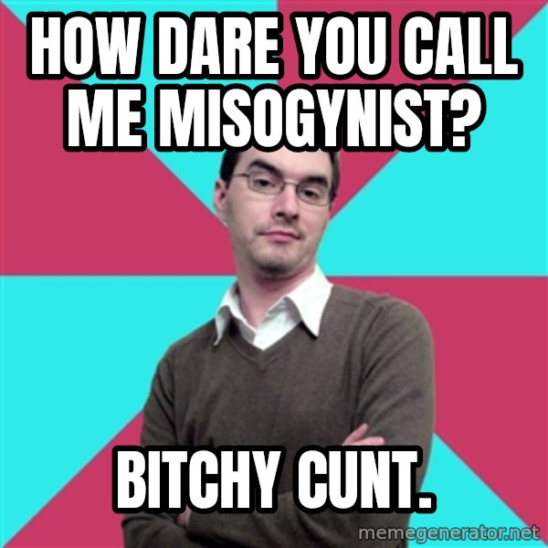 Privilege Denying Dude meme: How dare you call me misogynist? / Bitchy cunt.