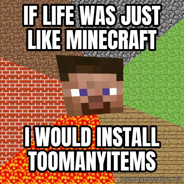 Minecraft Guy meme: IF LIFE WAS JUST LIKE MINECRAFT / I WOULD INSTALL TOOMANYITEMS