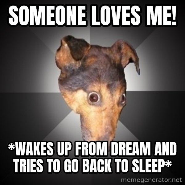 Depression Dog meme: someone loves me! / *wakes up from dream and tries to go back to sleep*