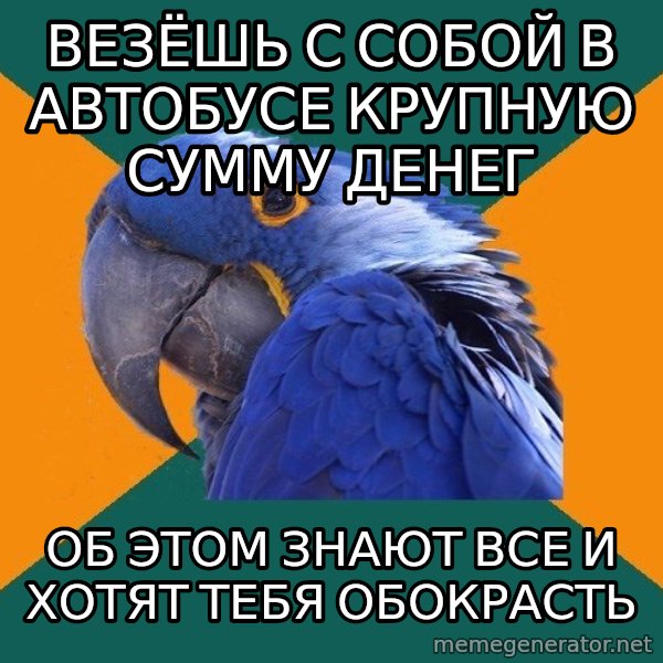 Paranoid Parrot meme: везёшь с собой в автобусе крупную сумму денег / об этом знают все и хотят тебя обокрасть