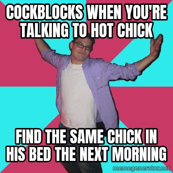 Douchebag Roommate meme: Cockblocks when you're talking to hot chick / Find the same chick in his bed the next morning
