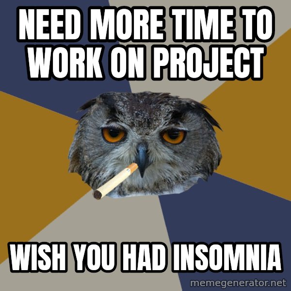 Art Student Owl meme: Need more time to work on project / wish you had insomnia