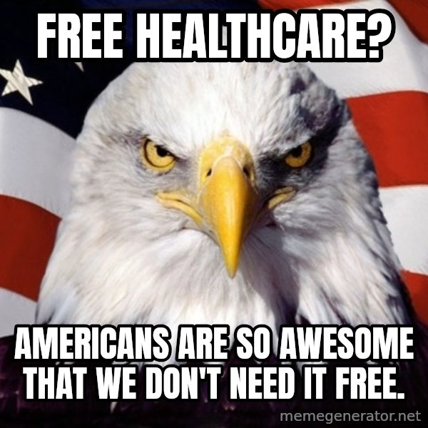 American Pride Eagle meme: free healthcare? / AMERICANS ARE SO AWESOME THAT WE DON'T NEED IT FREE.