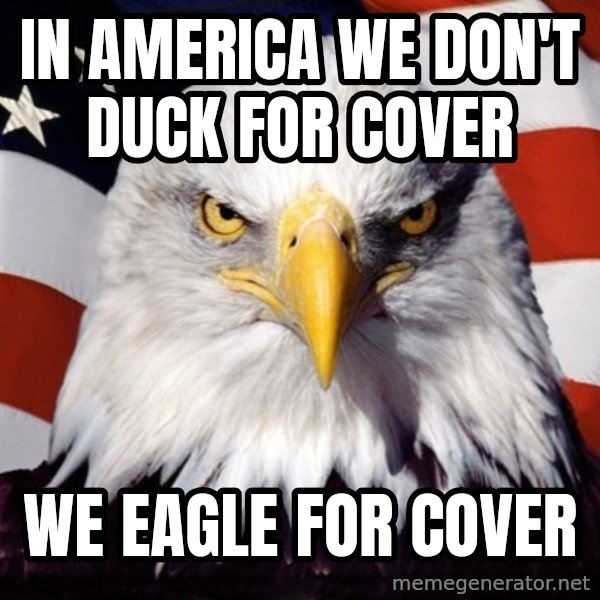 American Pride Eagle meme: IN AMERICA WE DON'T DUCK FOR COVER / WE EAGLE FOR COVER