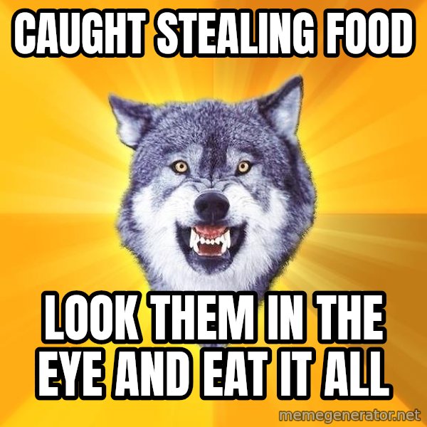 Courage Wolf meme: caught stealing food / look them in the eye and eat it all