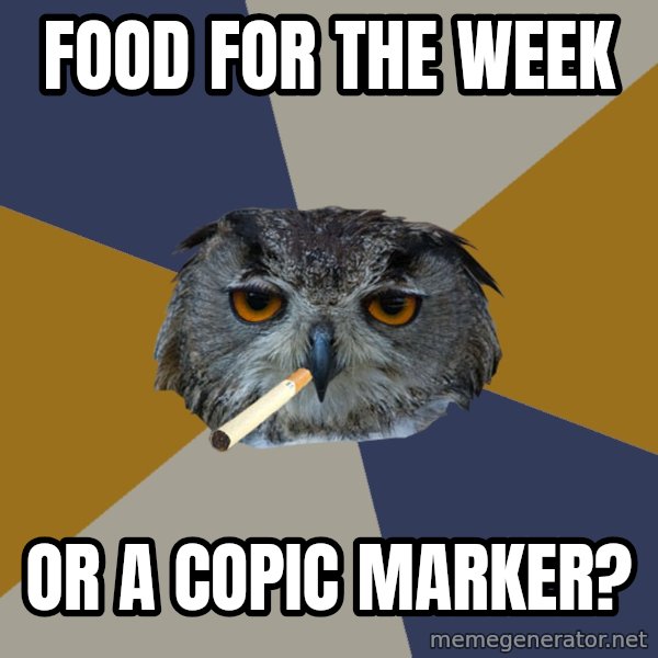 Art Student Owl meme: FOOD FOR THE WEEK / OR A COPIC MARKER?