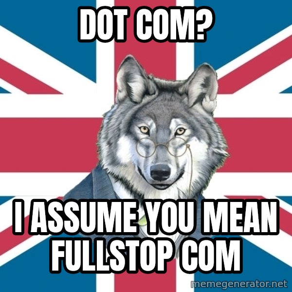 Sir Courage Wolf Esquire meme: dot com? / I assume you mean fullstop com