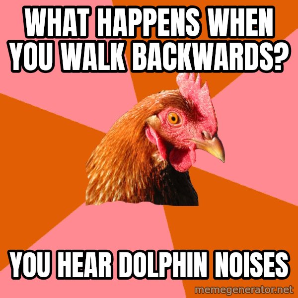 Anti Joke Chicken meme: what happens when you walk backwards? / You hear dolphin noises