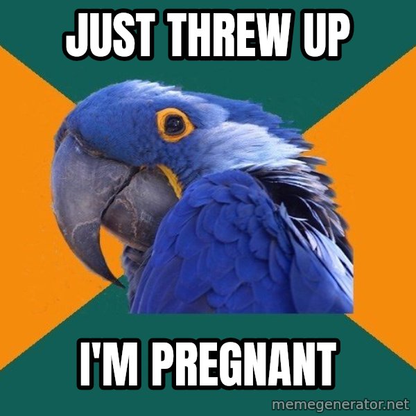 Paranoid Parrot meme: Just threw up / I'm pregnant