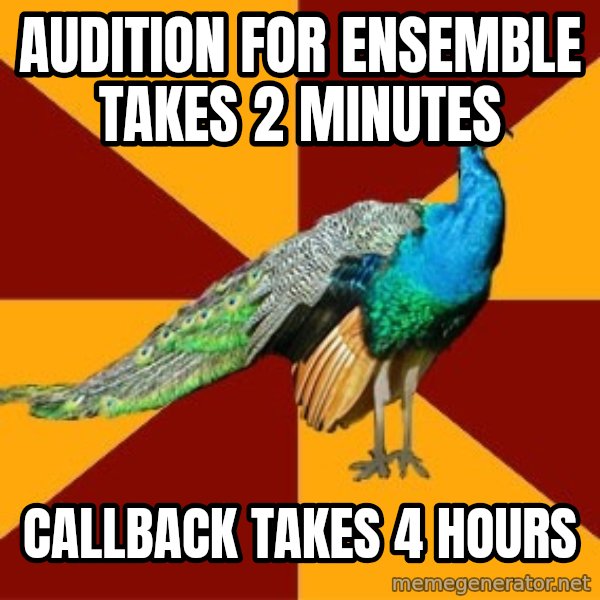Thespian Peacock meme: audition for ensemble takes 2 minutes / callback takes 4 hours