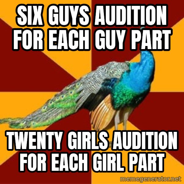 Thespian Peacock meme: Six guys audition for each guy part / Twenty girls audition for each girl part