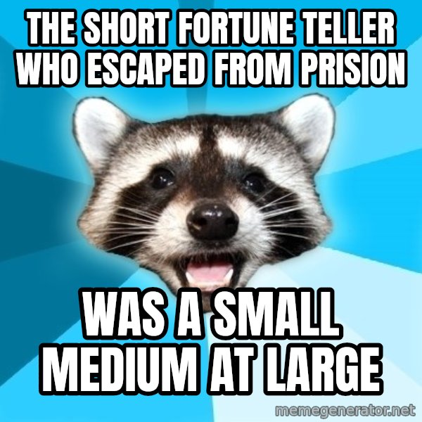Lame Pun Coon meme: The short fortune teller who escaped from prision / was a small medium at large