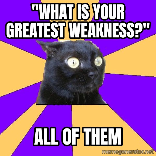 Anxiety Cat meme: "what is your greatest weakness?" / all of them