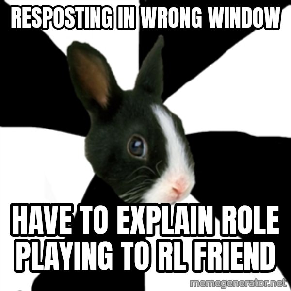Roleplaying Rabbit meme: RESPOSTING IN WRONG WINDOW / have to explain role playing to rl friend
