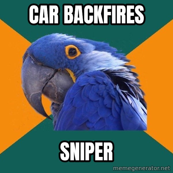 Paranoid Parrot meme: car backfires / sniper