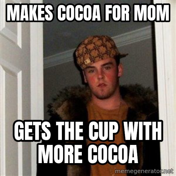 Scumbag Steve meme: Makes cocoa for mom / gets the cup with more cocoa