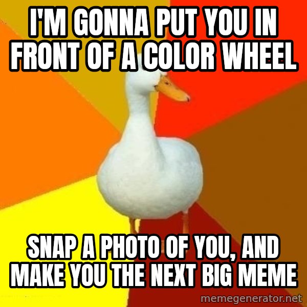 Technologically Impaired Duck meme: I'm gonna put you in front of a color wheel / snap a photo of you, and make you the next big meme