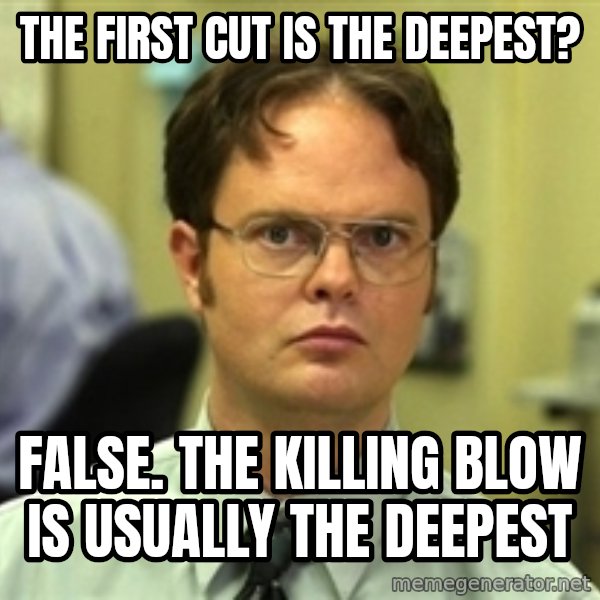 Dwight Schrute meme: The first cut is the deepest? / false. the killing blow is usually the deepest