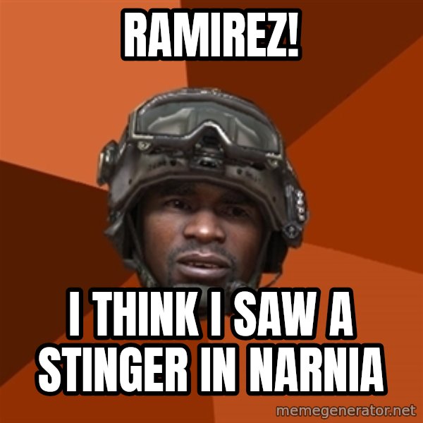Sgt. Foley meme: RAMIREZ! / i think i saw a stinger IN NARNIA