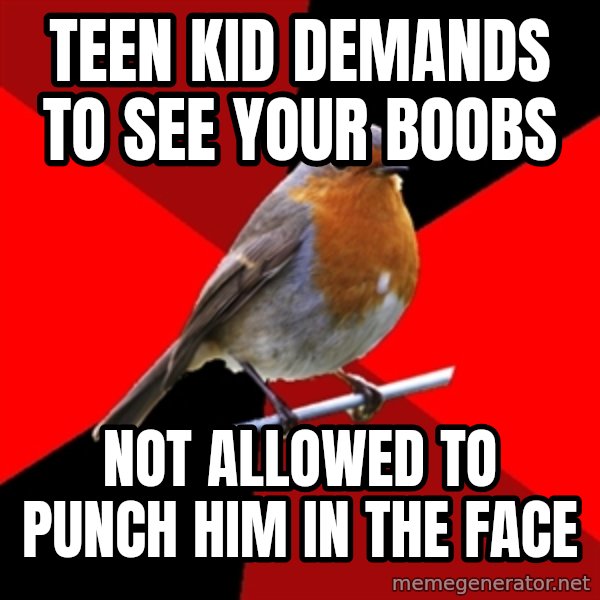 Retail Robin meme: Teen kid demands to see your boobs / Not allowed to punch him in the face