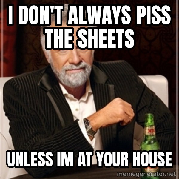Dos Equis Guy gives advice meme: I don't always piss the sheets / UNLESS IM AT YOUR HOUSE