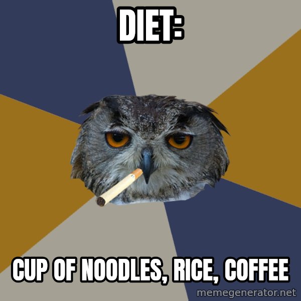 Art Student Owl meme: diet: / cup of noodles, rice, coffee