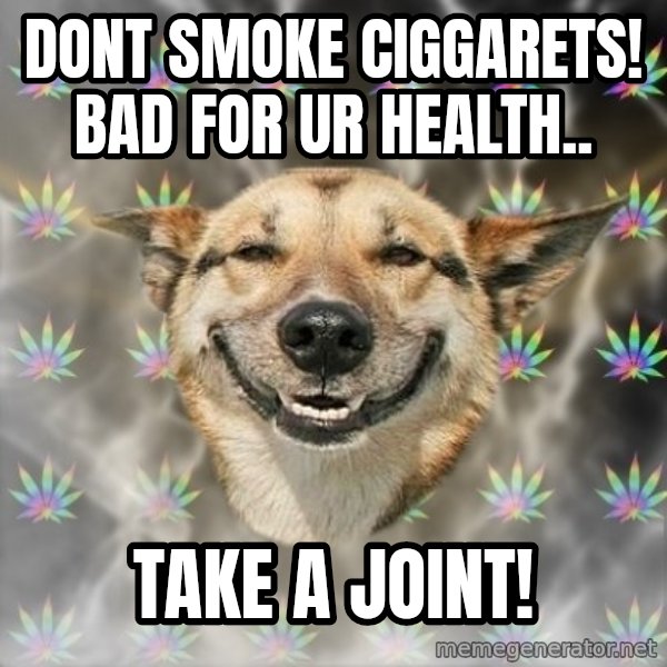 Stoner Dog meme: DONT SMOKE CIGGARETS! BAD FOR UR HEALTH.. / Take a joint!