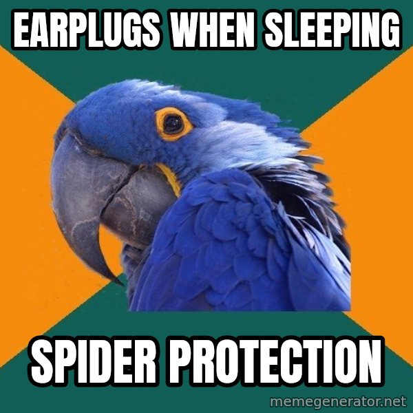 Paranoid Parrot meme: Earplugs when sleeping / Spider protection