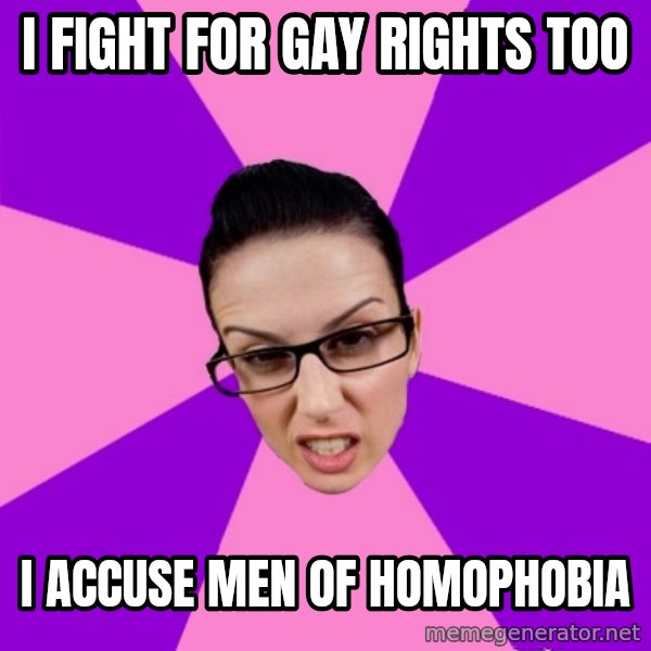 Privilege Denying Feminist meme: I fight for gay rights too / i accuse men of homophobia