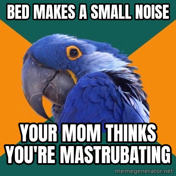 Paranoid Parrot meme: BED MAKES A SMALL NOISE / yOUR MOM THINKS YOU'RE MASTRUBATING