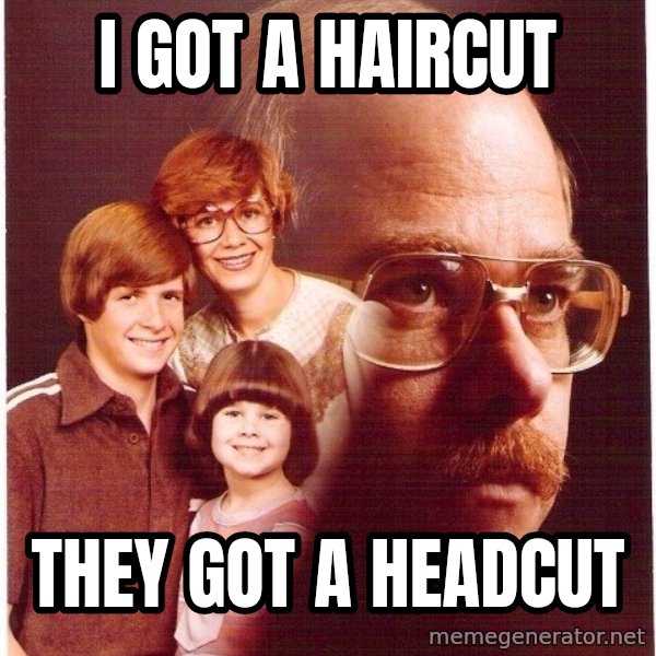 Vengeance Dad meme: I got a haircut / they got a headcut