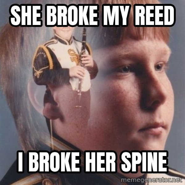 PTSD Clarinet Boy meme: She broke my reed / i broke her spine