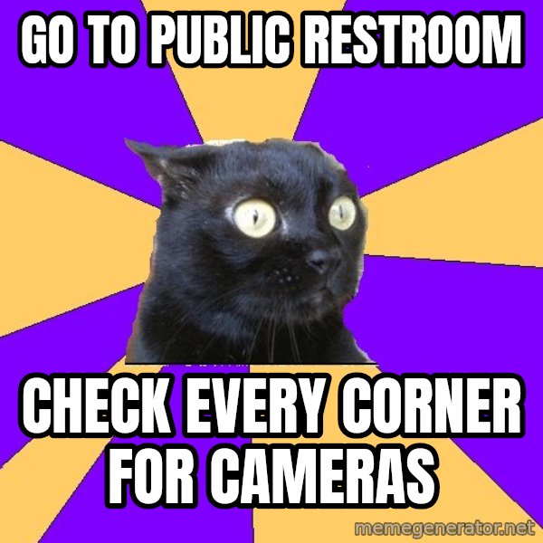 Anxiety Cat meme: go to public restroom / check every corner for cameras