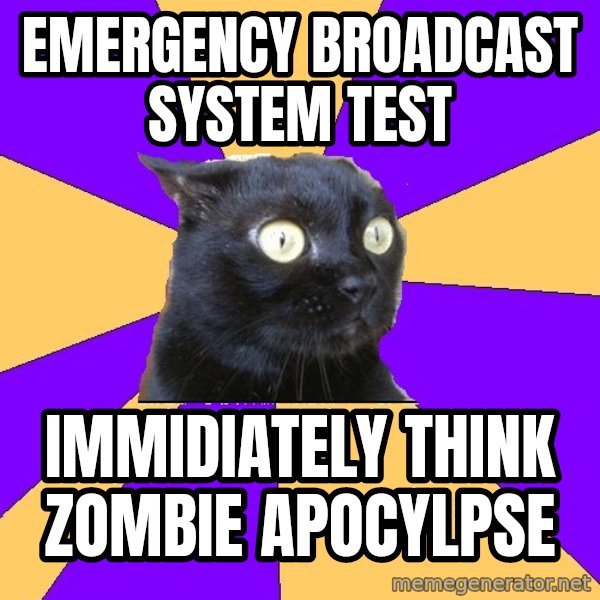 Anxiety Cat meme: emergency broadcast system test / immidiately think zombie apocylpse