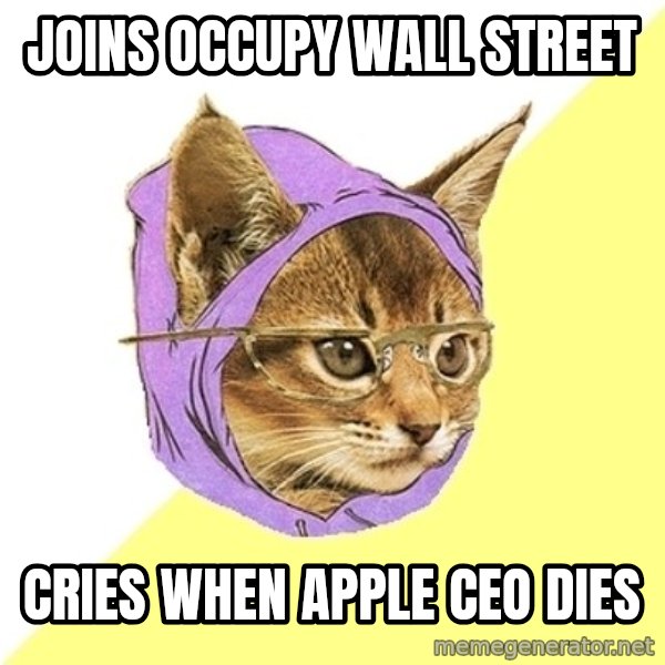 Hipster Kitty meme: Joins occupy wall street / cries when apple ceo dies