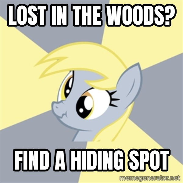 Badvice Derpy meme: lost in the woods? / find a hiding spot