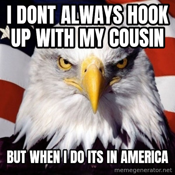 American Pride Eagle meme: I DONT ALWAYS HOOK UP WITH MY COUSIN / BUT WHEN I DO ITS IN AMERICA
