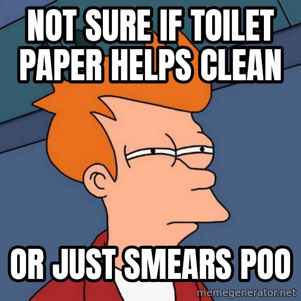 Futurama Fry meme: Not sure if toilet paper helps clean / or just smears poo