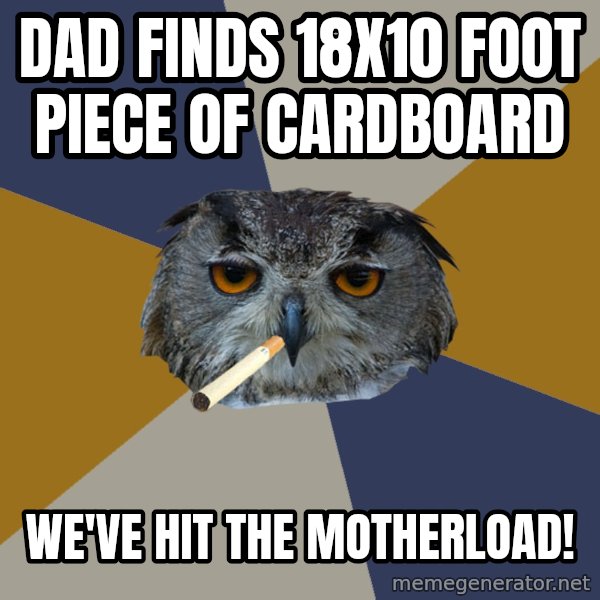 Art Student Owl meme: Dad finds 18x10 foot piece of cardboard / we've hit the motherload!