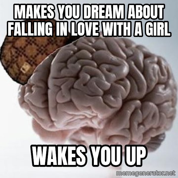 Scumbag Brain meme: Makes you dream about falling in love with a girl / wakes you up