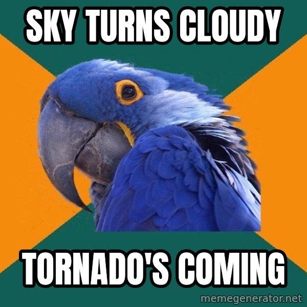 Paranoid Parrot meme: Sky turns cloudy / Tornado's coming